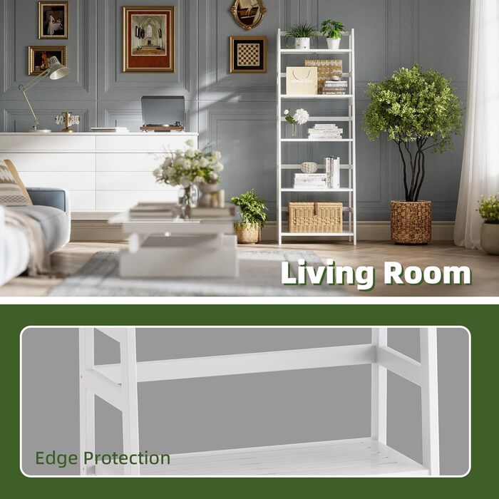 Полиця-драбина, 5-ярусна книжкова шафа, повнорозмірна бамбукова міцна книжкова шафа, окремостояча відкрита дерев&39яна полиця, сучасна кутова підставка для вітальні, домашнього офісу, ванної кімнати, біла