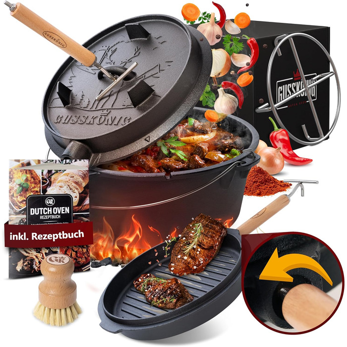 Набір для голландської печі GUSSKNIG - 9-літрова голландська піч - чавунна каструля без ніжок - двофункціональна каструля - вкл. п