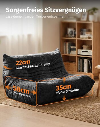 Диван з пінопласту без кісток зручний підлоговий диван з ергономічним дизайном, не потребує складання, диван-мішок для вітальні, спальні, квартири, ігрової кімнати та офісу, чорний двомісний