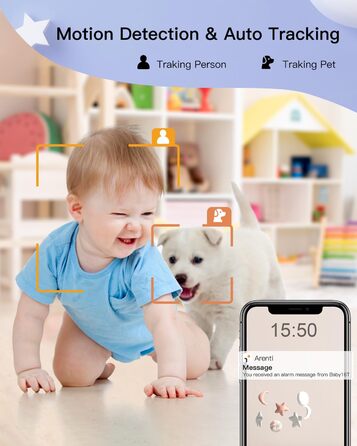 Монітор ARENTI з 4 камерами та додатком 2K/3MP, 5-дюймовий відеоняня Wi-Fi PTZ 355, автоматичне відстеження, виявлення плачу, датч