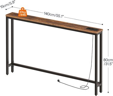 Вузький консольний столик HOOBRO, бічний столик довжиною 140 см, диванний столик із зарядною станцією, передпокійний столик, за диваном, у вітальні, у коридорі, металевий каркас, вінтажний коричнево-чорний EBF145CXG01 Вінтажний коричневий чорний