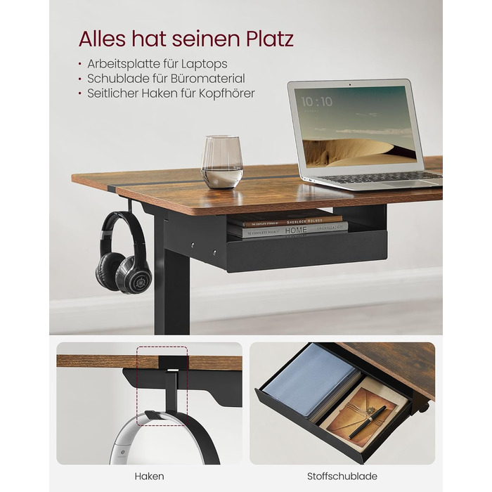 Електричний стіл VASAGLE з регульованою висотою, розеткою та шухлядою, 60 x 140 см, плавне регулювання висоти, функція пам&39яті з 4 висотами, вінтажний коричнево-чорний LSD114X01 140 x 60 см, вінтажний коричневий чорний