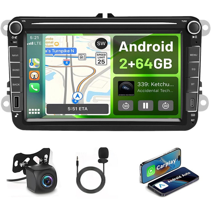 Автомагнітола Hikity для Golf 5 6 Passat Jetta Caddy Polo cc Tiguan EOS Touran T5 Scirocco Бездротове керування Carplay та Android Auto, 7-дюймовий сенсорний екран Android 2 ГБ 64 ГБ, Bluetooth, FM, DSP, RDS/Mirror Link 264 ГБ S1