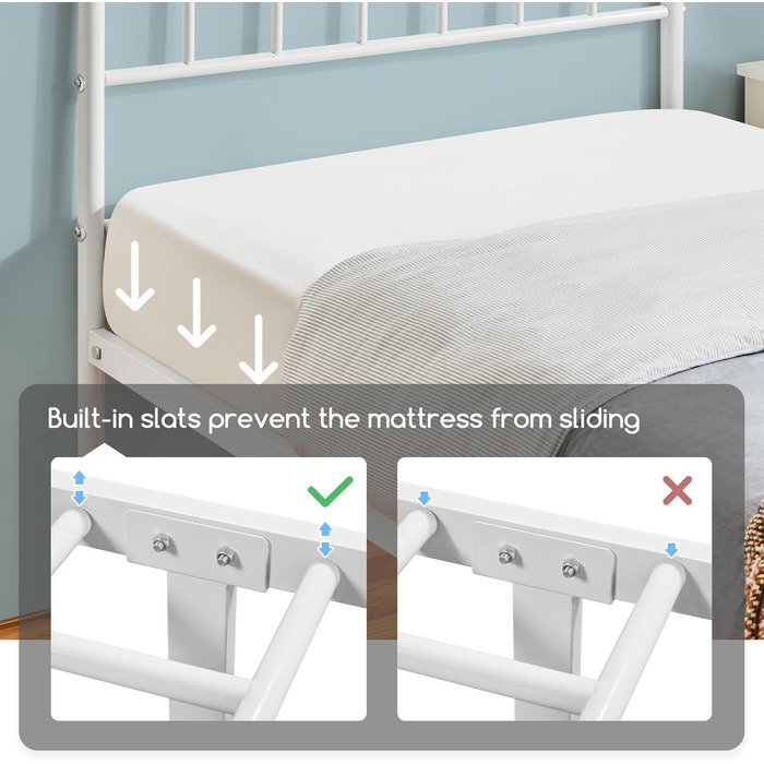 Металеве ліжко Yaheetech 90 x 200 см Каркас ліжка з узголів&39ям Металевий каркас ліжка Гостьове ліжко з рейковою основою для спальні Гостьова кімната Білий Білий 90 x 200 см