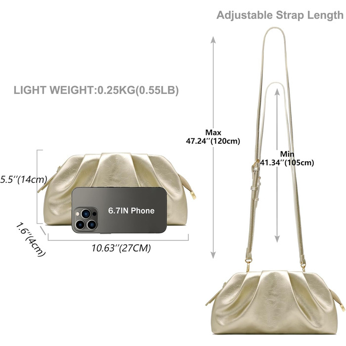Жіноча вечірня сумка Milisente з клатчем, хмарою та плісованими краями, елегантна маленька сумочка зі штучної шкіри, сумка на плече для весілля на блискавці золотого кольору