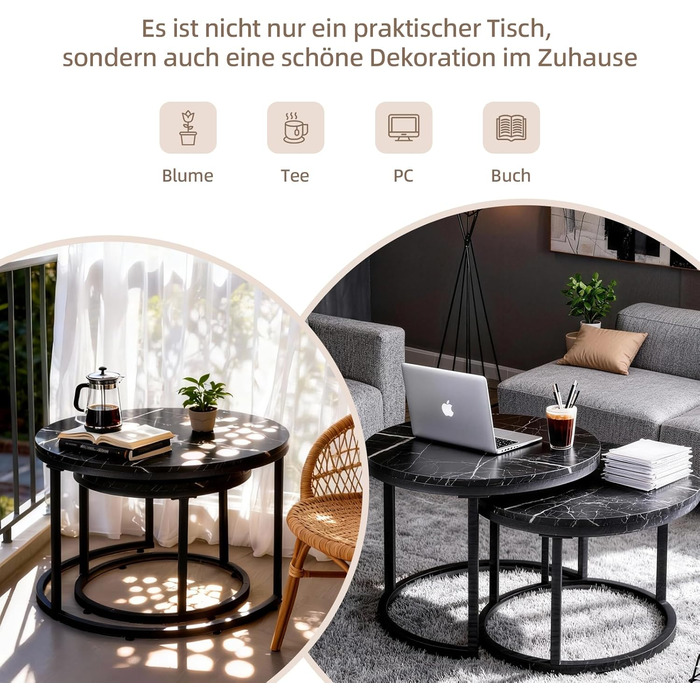Набір журнальних столиків з 2 шт. , бічний столик, стіл для вітальні, журнальний столик з регульованою висотою, для вітальні, круглий дерев&39яний журнальний столик з чорним металевим каркасом, діаметр 70/50 см, чорний