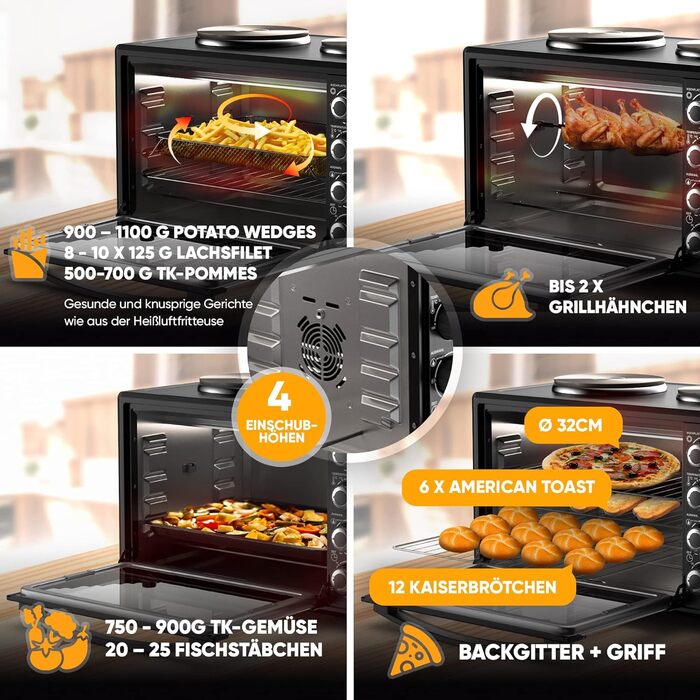 Міні-піч Stillstern з конфорками (45 л, піца Ø32 см, 7в1 аерофритюрниця, розморожування, гриль, тостер, запікання, смаження, варіння) кошик для смаження, конвекція, гриль, брошура з рецептами, ідеально підходить для кемпінгу