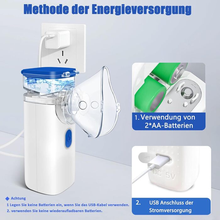 Інгалятор електричний портативний небулайзер Безшумний інгалятор для дорослих і дітей, 2 схеми розпилення Регульована функція автоматичного очищення інгалятор з масками і мундштуком Синій