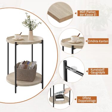 Круглий журнальний столик WOLTU, бічний столик з 2 полицями, стіл для вітальні зі знімною стільницею, тумбочка, столик для дивана, телефонний столик для вітальні та спальні, виготовлений з МДФ та металу, світлий дуб, BTS06hei