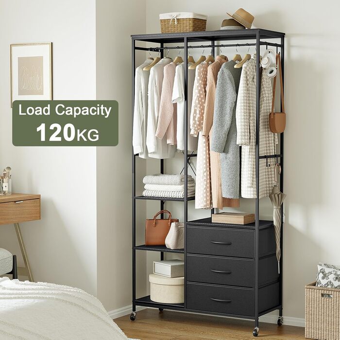 Штанга для одягу, міцна, для шафи - окремостояча портативна шафа-гардероба з колесами, дерев&39яною стільницею, сталевим каркасом, тканинними висувними ящиками та регульованими полицями, чорна