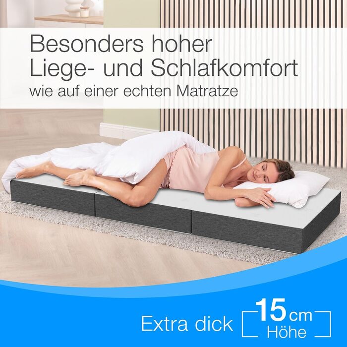 Розкладний матрац ELONEO Premium Visco 90x200 см, надвисокий 15 см, розкладний гостьовий матрац, розкладний матрац, розкладний матрац, матрац з підтримкою спини, дорожній матрац, розкладне гостьове ліжко, розкладне ліжко, яке можна прати, сірий/білий 90 x