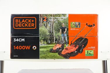 Електрична газонокосарка BlackDecker з ручкою BEMW461BH (1400 Вт, ширина зрізу 34 см, 6-позиційне регулювання висоти, травозбірник на 40 л, ідеально підходить для садів середнього розміру)