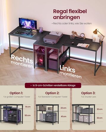 Г-подібний кутовий стіл, комп&39ютерний стіл з місцем для зберігання, офісний стіл, полиця з регульованою висотою, для домашнього офісу, 110 x 80 см, чорний колір ебенового дерева LWD135BE01 Чорний колір ебенового дерева 110 x 80 см Без подовжувача