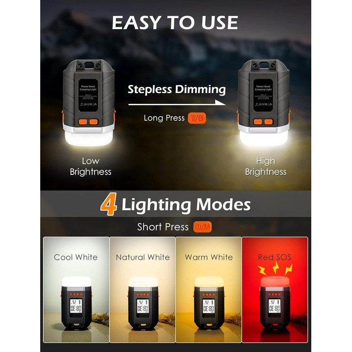 Акумуляторний зовнішній акумулятор для кемпінгового ліхтаря LED 15000 мАг з РК-дисплеєм, 4 режими, димер, відображення часу та температури, підходить для наметів, водонепроникний 2