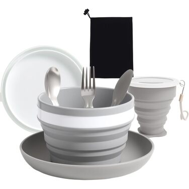 Складаний похідний набір посуду на 6 осіб з нержавіючої сталі (ніж, ложка, виделка), чашка, миска, тарілка та сітчастий мішок ідеально підходить для подорожей, кемпінгу, пікніків та активного відпочинку.