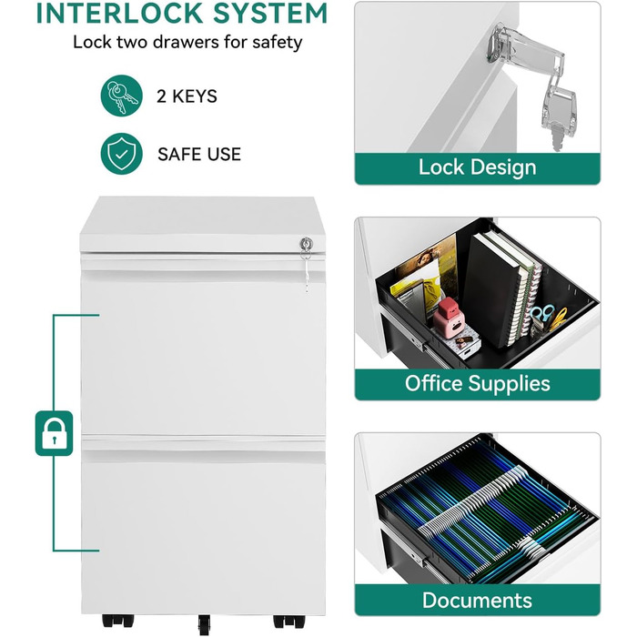 Шафа для файлів на колесах із 2 шухлядами, що замикаються, мобільна шафа для документів на колесах для формату A4, Legal, Letter, металева офісна шафа для домашнього офісу, підвісна система файлів, біла, 51 x 39 x 71 см