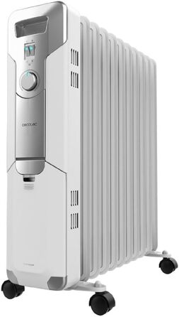 Масляний радіатор Cecotec ReadyWarm 11000 Space. Масляний радіатор потужністю 2500 Вт з 11 нагрівальними ребрами та 3 рівнями потужності, площа охоплення 25 м, місце для зберігання кабелю, легке керування, ручка, колеса. Білий. 2500 Вт