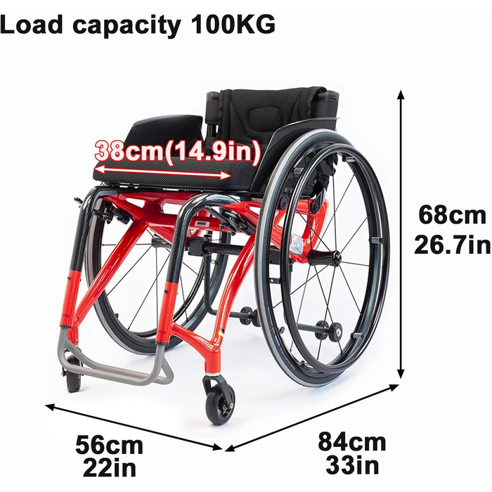 Спортивні інвалідні візки Sunyongfly для дорослих Легка складна інвалідна коляска з вуглецевого волокна підходить для дорослих, людей похилого віку та людей з обмеженою рухливістю (56X84X68 см (22X33X26.7 дюйма 56X84X68 см (22X33X26.7 дюйма)