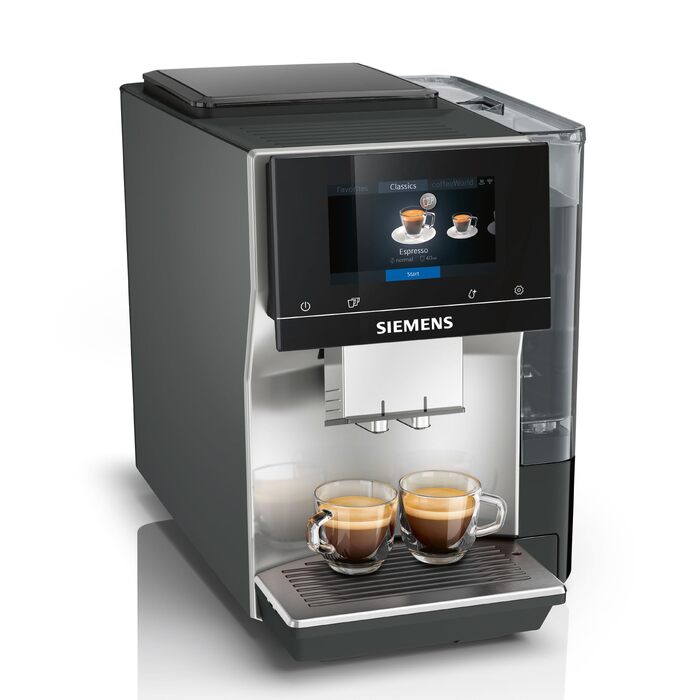 Кавомашина Siemens EQ700 classic кольоровий TFT-дисплей, 36 гарячих та холодних напоїв, Cold Brew, 10 фаворитів, функція 2-х чашок, керування через додаток, автоочищення, срібляста, TP715E17