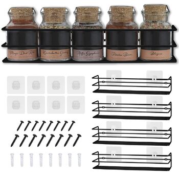 Металеві підставки для спецій - 4 шт. и - можна кріпити без свердління - для спецій, як вкладиш у шафу або органайзер - розмір 32,2 x 6,5 x 7,4 см (матово-чорні)