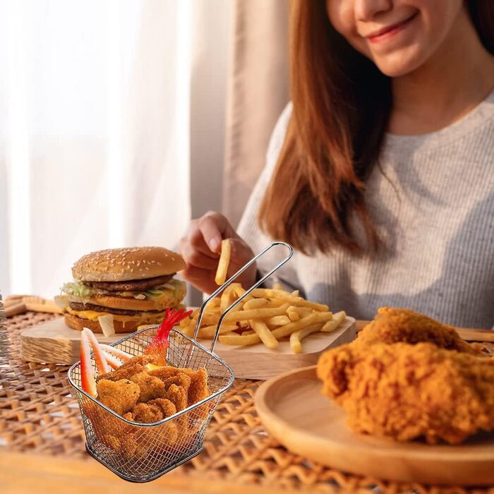 Кошик для смаження Міні-кошик для картоплі фрі з нержавіючої сталі Кошик для картоплі фрі Срібний кошик для подачі картоплі фрі з ручкою Маленький кошик для фритюрниці Кошик для смаження картоплі фрі Креветки Кільця цибулі, 12 шт.