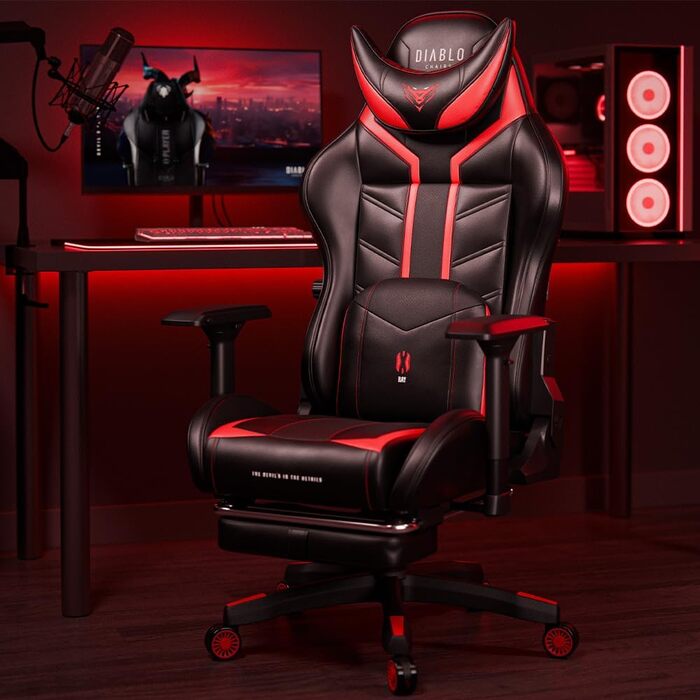 Геймерське крісло Diablo X-Ray, офісне крісло, геймерське крісло, письмове крісло, 4D підлокітники, ергономічний дизайн, штучна шкіра, перфороване, функція гойдання, чорно-червоне, розмір King (XL)