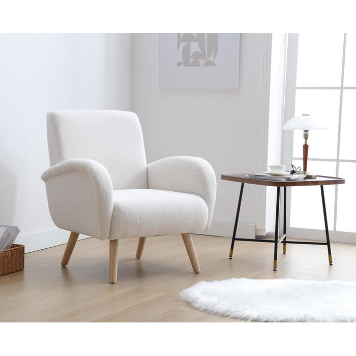 Сучасне крісло для відпочинку, м&39яке крісло з високоякісним штучним хутром та ніжками з масиву дерева, надзвичайно зручне крісло для читання для вітальні, спальні, легке складання, білий колір