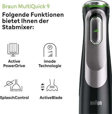 Ручний блендер Braun MultiQuick 9 MQ 9147 шт. ручний блендер з технологією Active PowerDrive і 5 аксесуарами для подрібнення, трамбування, перемішування, змішування та подрібнення льоду, 1200 Вт, чорна/нержавіюча сталь 5-в-1 з насадкою для блендера Одинар