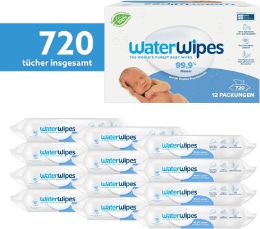 Оригінальні серветки для чищення WaterWipes Plastic Free для немовлят, 720 шт. (12 упаковок), 99,9 очищувальні серветки на водній основі, без запаху для чутливої шкіри 720 шт. (12 упаковок)