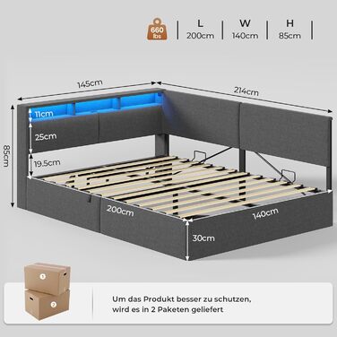 М&39яке ліжко-диван-ліжко 140x200 з USB-розетками та гідравлічним відділенням для зберігання, Ліжка 140x200 зі світлодіодним узголів&39ям та рейковою основою, Дитяче ліжко-кушетка, Двоспальне ліжко, Льняне, Темно-сірий (без матраца) 140 x 200 см Темно-сір