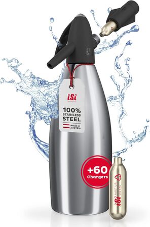 Сифон для газованої води 1 л з капсулами CO2 6x10 в стартовому наборі - Картриджі для газованої води з нержавіючої сталі для газованої води, лонг-дрінків і коктейлів - Аксесуари для бару Soda Maker - Зроблено в Австрії