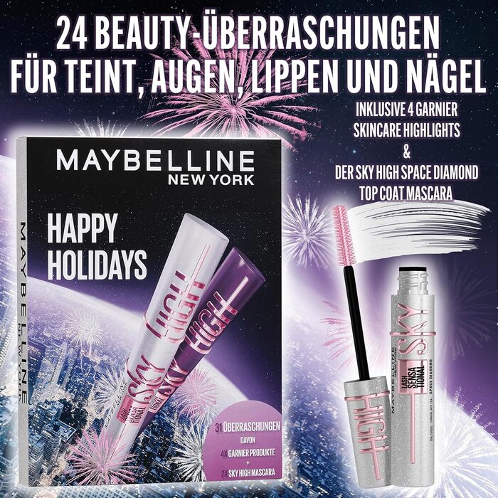 Різдвяний календар Maybelline New York на 2025 рік із 31 дверима на весь грудень, 26 повнорозмірними продуктами та 5 подарунками, включаючи 2 туші Sky High Mascara 4 продукти Garnier Skincare.