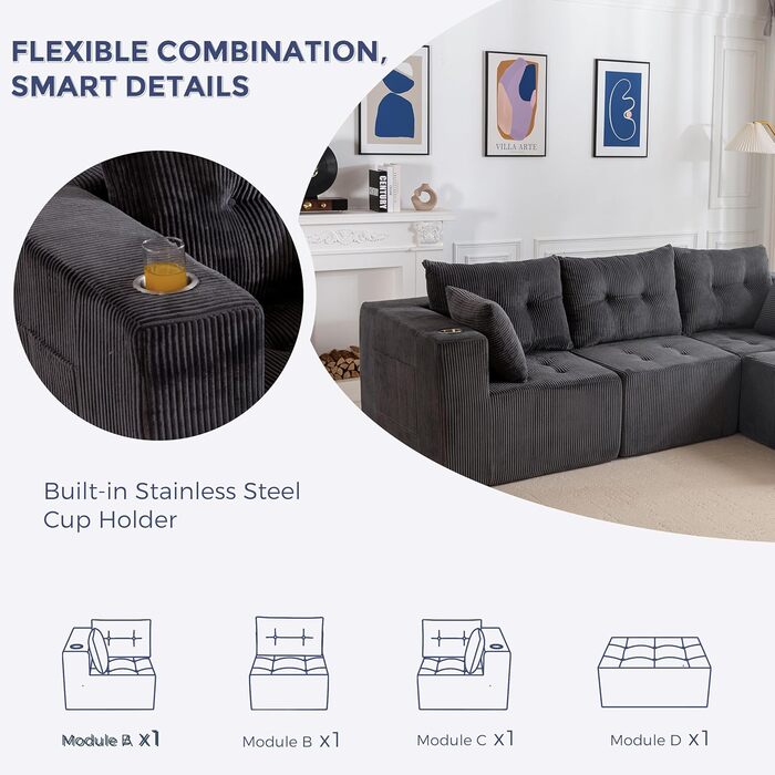 Кутовий диван MAXYOYO з вельвету з підсклянником, модульний диван, що трансформується в L-подібний та двоспальний диван, 3-місний диван без кісток для вітальні, не потребує складання, сірий, L-подібний