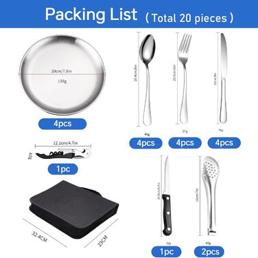 Набір посуду для кемпінгу для 4 осіб, 20 предметів, набір столових приборів для кемпінгу, нержавіюча сталь, з ложкою, виделкою, ножем, тарілкою та затискачем для кемпінгу, пікніків та подорожей, сріблястого кольору