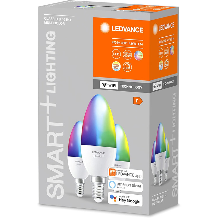 Світлодіодна лампа LEDVANCE Smart LED з технологією WiFi, цоколь E14, регулювання яскравості, зміна кольору світла (2700-6500K), зміна кольорів RGB, замінює лампи розжарювання 40 Вт, SMART WiFi Candle Multicolour, упаковка 3 шт.