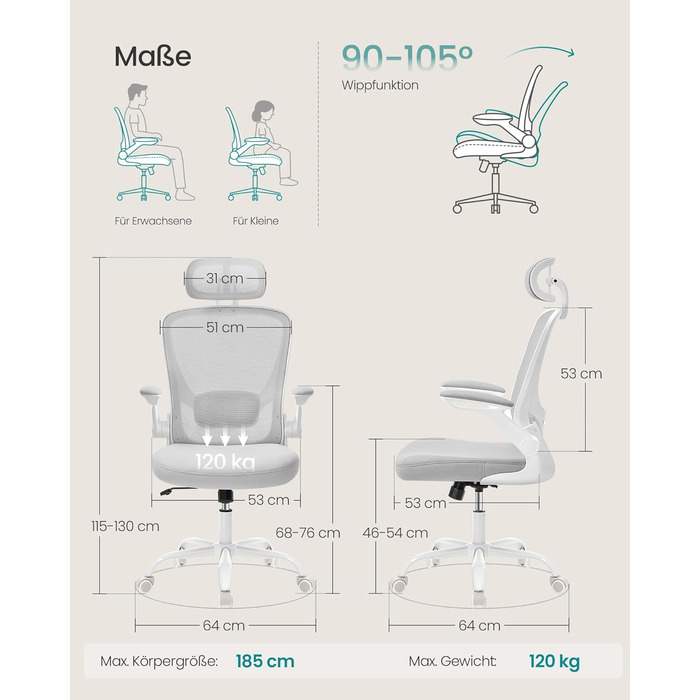 Ергономічне офісне крісло SONGMICS, обертове крісло з сіткою, поперековим відділом хребта та підголівником, функція гойдання, розмір сидіння 53 см, складні підлокітники, для роботи та спальні, для студентів, колір голубий сірий OBN047G01