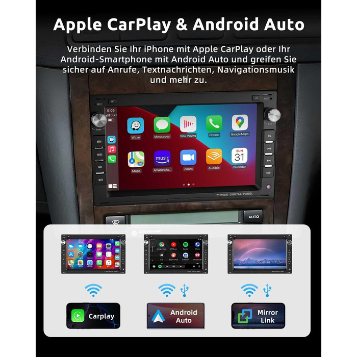 Автомагнітола ESSGOO Wireless CarPlay та Android 264G Android 15 для VW Polo MK3/4 9N Golf 4 Passat B5 T5 Seat Skoda, 7-дюймовий сенсорний екран з Bluetooth FM RDS GPS WiFi