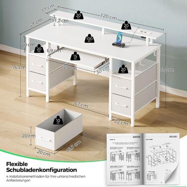 Ігровий стіл Seventable з шухлядами, комп&39ютерний стіл зі світлодіодним освітленням, розетками та USB-портами, ігровий стіл з підставкою для клавіатури та монітора для офісу, вітальні (білий, 120x47x88 см) Білий 120x47x88 см