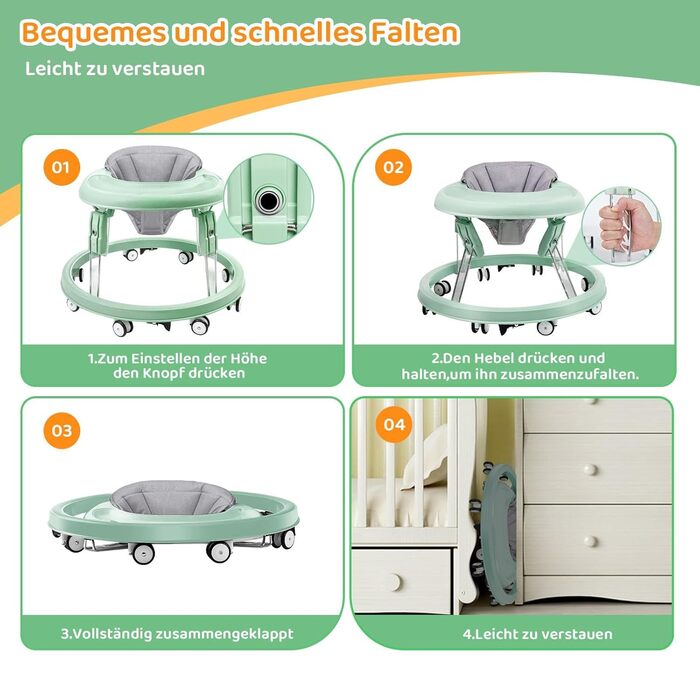 Дитячі ходунки, складані одним дотиком, кругле шасі з 8 коліс та захистом від перекидання, 7 швидкостей регулювання висоти, захист від зіткнень з гальмом для дітей від 6 до 18 місяців (зелені)