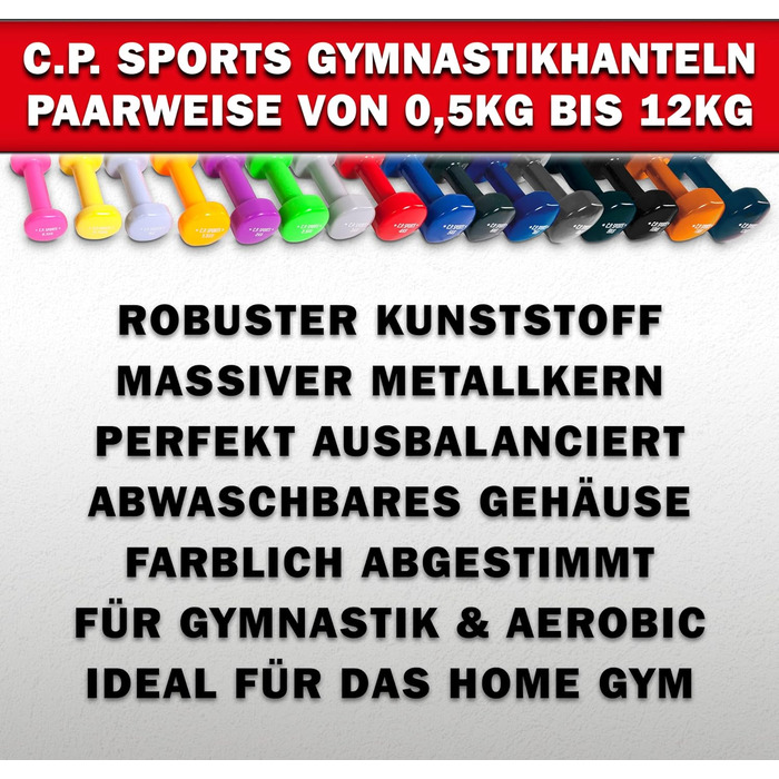Гімнастичні гантелі C.P. Sports Набір із 2 шт. – вага від 0,5 кг до 12 кг для дому, фітнесу та силових тренувань