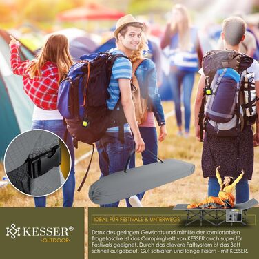 Кемпінгове ліжко KESSER, розкладне розкладане ліжечко, шезлонг для кемпінгу, включаючи сумку для перенесення, кемпінговий ліхтарик бічна кишеня, міцне ліжечко, вантажопідйомність 250 кг, металева труба, тканина Оксфорд 600D, портативне, сірий колір, 210 с