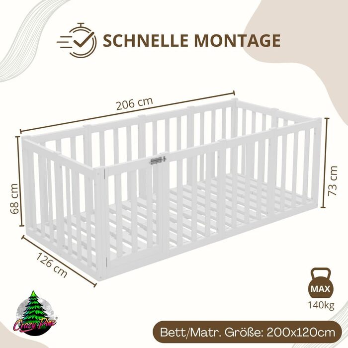 Дитяче ліжко 120x200 см Ліжко Монтессорі на підлогу з високим захистом від падіння 73 см та відкривним бар&39єром - Біле з гладкою поверхнею - Ідеально підходить для хлопчиків та дівчаток Crazy John 200 x 120 см Біле