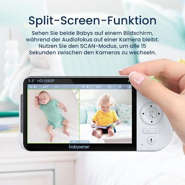Монітор Babysense із камерою та 5,5-дюймовим дисплеєм із розділеним екраном 1080p Full HD, 2 камери, нічник RGB, велика батарея 50