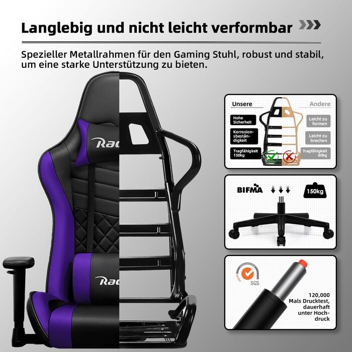 Геймерське крісло, офісне крісло з функцією гойдання до 170, геймерське крісло з регульованою поперековою подушкою, підголівником та підлокітниками, зручна подушка сидіння, геймерське крісло вантажопідйомністю 150 кг