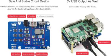 ДБЖ Waveshare має модуль безперебійного живлення 5 В для Raspberry Pi 4B/3B/3B, струм до 5 А, роз'єм Pogo Pins, бортові схеми захисту ESC 5 В і кілька акумуляторів, шину I2C ДБЖ HAT (B) (ЄС)