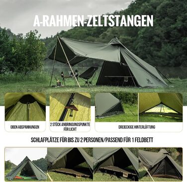 Намет OneTigris Conifer Tipi зі сніговою спідницею, водонепроникний, 1 особа, з наметовою піччю, зимовий кемпінг (бавовна Tetoron), колір Ranger Green