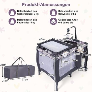 Складана приліжкова ліжечка COSTWAY 3 в 1, дорожнє ліжечко з матрацом, підвісні іграшки, музичний мобіль, пеленальний столик та сумка для перенесення, 2-рівневе дитяче ліжечко з колесами для дітей до 36 місяців (темно-сірий)