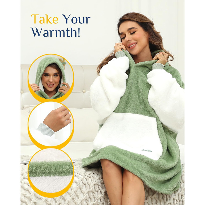 Ковдра з капюшоном Argstar Oversized, портативна ковдра, легка ковдра з капюшоном, затишна оксамитова ковдра, тепла толстовка з кишенею та еластичними рукавами для дорослих, жінок та чоловіків, шавлійно-зелена, один розмір