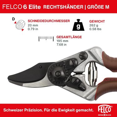 Ергономічні садові ножиці FELCO 6 ELITE для правшів, середнього розміру, шкіряні ручки, чорне лезо F-Tech, діаметр різання 20 мм, довжина 195 мм, зроблено у Швейцарії. FELCO 6 Elite 195 мм x 195 мм