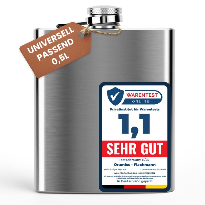 Фляга з нержавіючої сталі об&39ємом 0,5 л, срібляста, з гвинтовою кришкою - герметична, місткість 500 мл, 17x13x3 см - багаторазова пляшка для алкоголю, кишенькова фляга, півлітра, 18 унцій, 1 x 500 мл